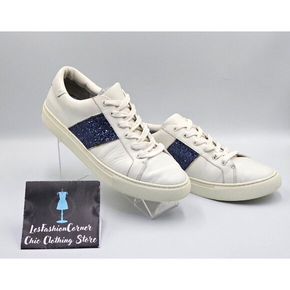 Tory Burch Women's White Leather Blue Glitter Carter Flat Sneakers Sz 11M 2661 - Picture 10 of 16